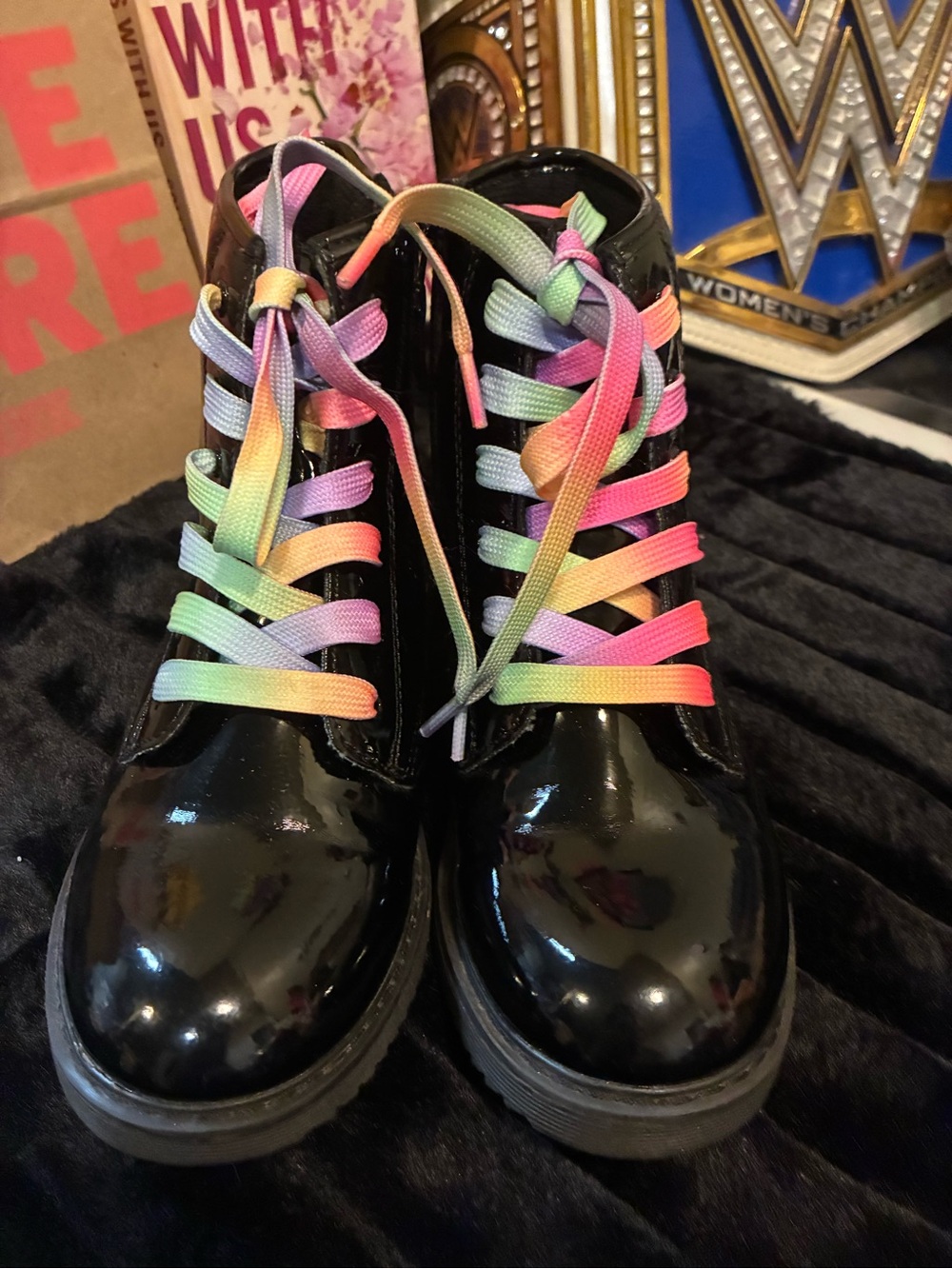 The Children's Place Black Patent Boots with Rainbow Ombre Laces